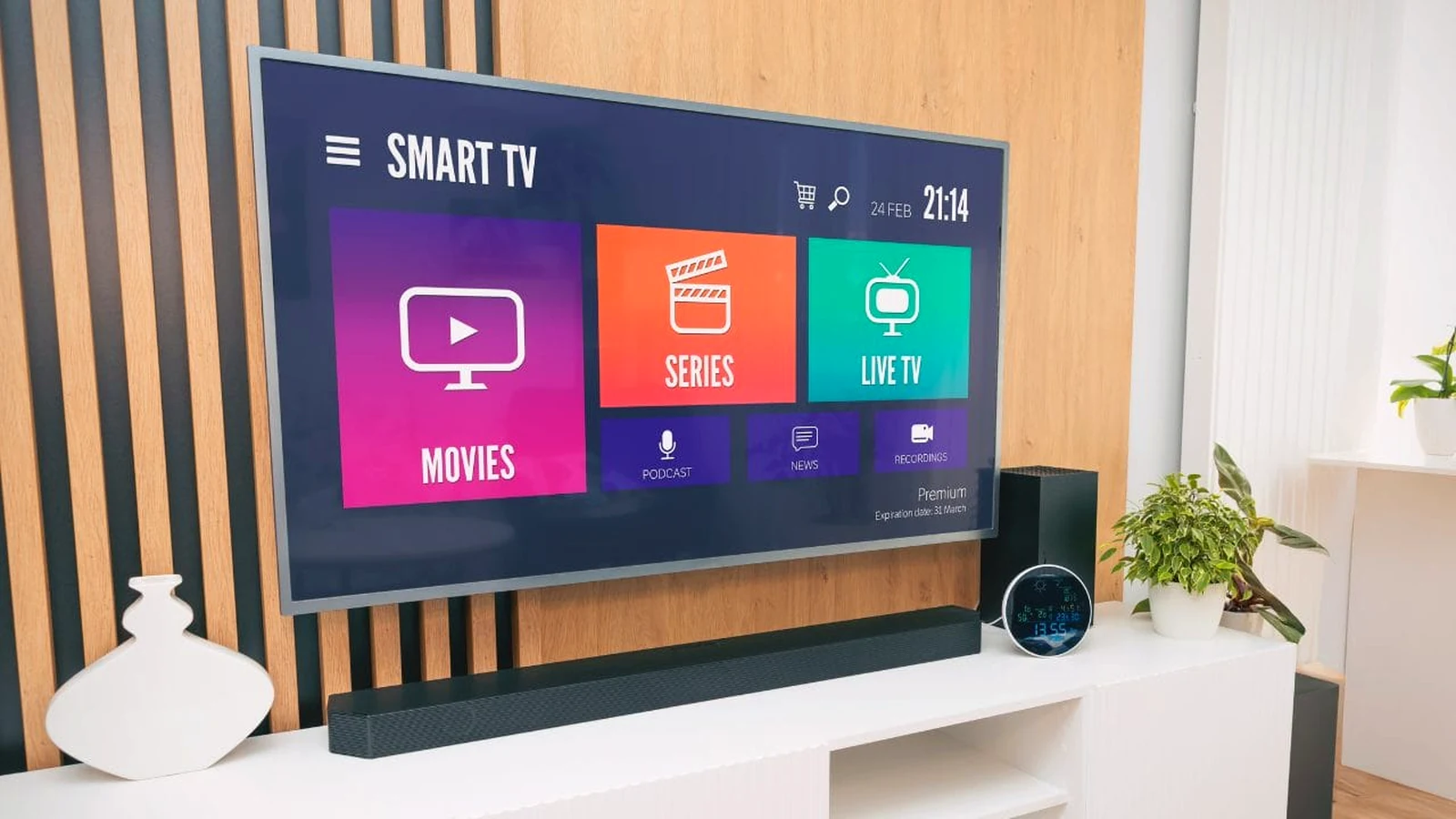 IPTV 4K Smart TV home screen in a modern living room — Movies, Series and Live TV in Ultra HD